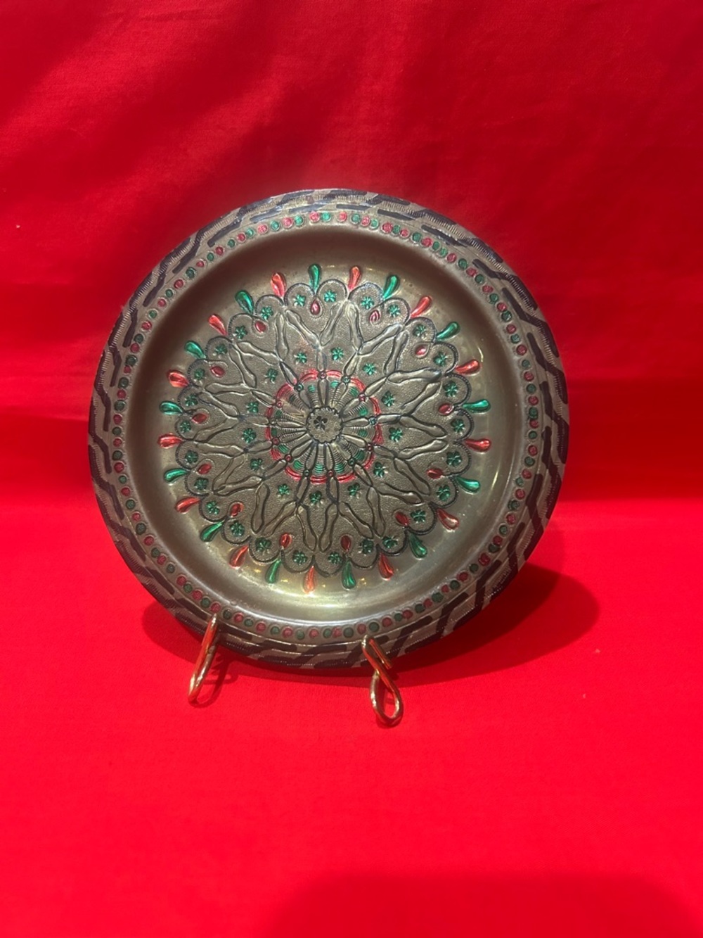 Vintage Decorative Metal Wall Plate with Green and Red Accents